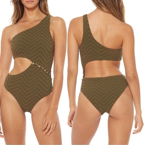 RED Carter Peri Asymmetrical One Piece Swimsuit Size Small Color Safari - Picture 2 of 13